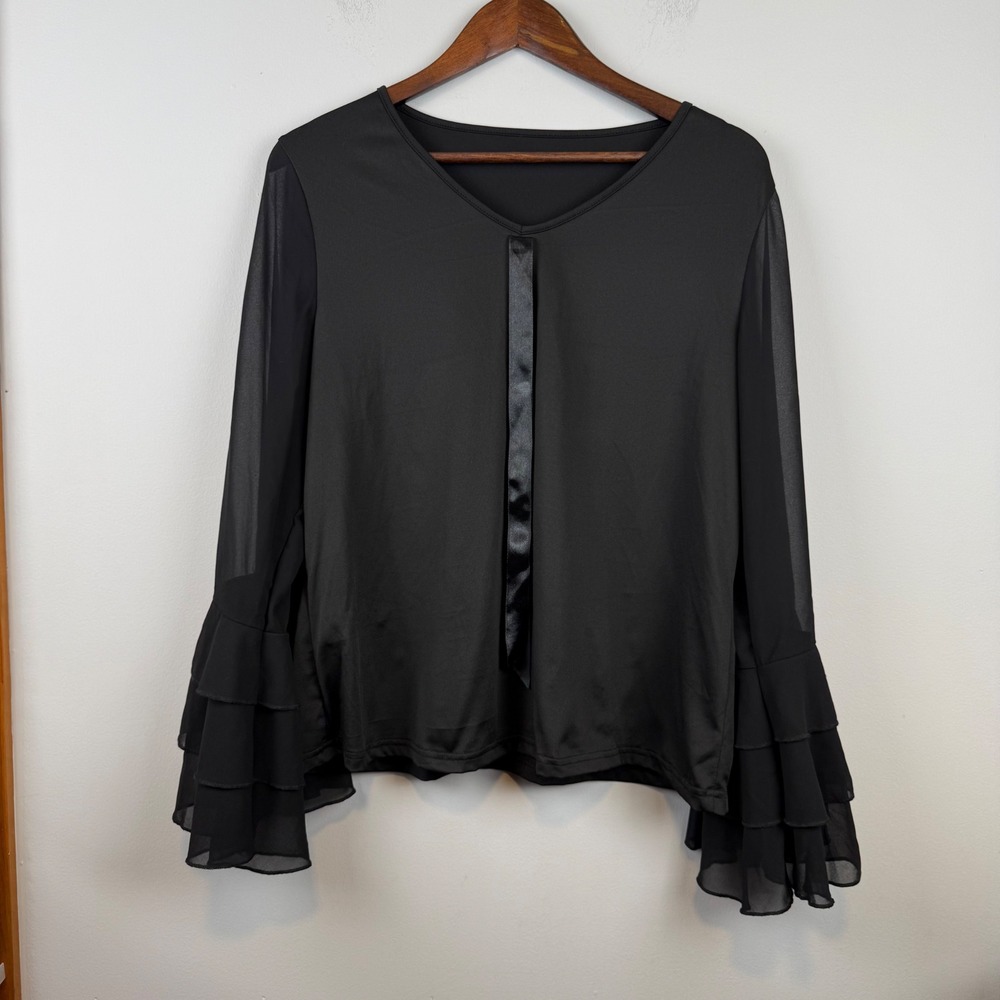 Womens Ruffle Bell Sleeve Blouse XL Black Sheer Whimsygoth Romantic Evening‎